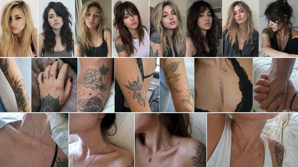 Low quality compressed photo grid of evolution of Lights Poxleitner, 2009-2026. + macro closeups of her tattoos + macro closeups of her neck