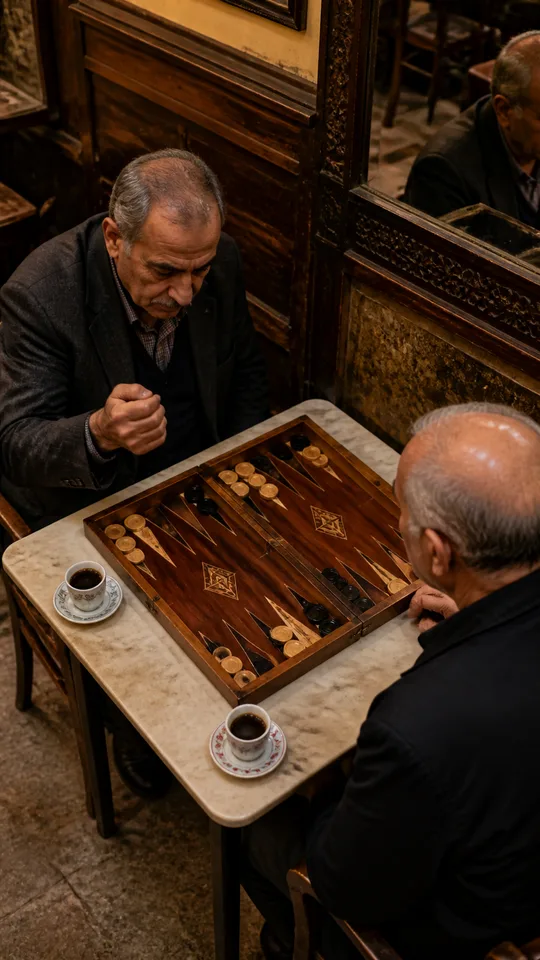 Cinematic top-down shot of two elderly Syrian men in their 60s sitting at a small marble table inside a traditional old Damascene café simil