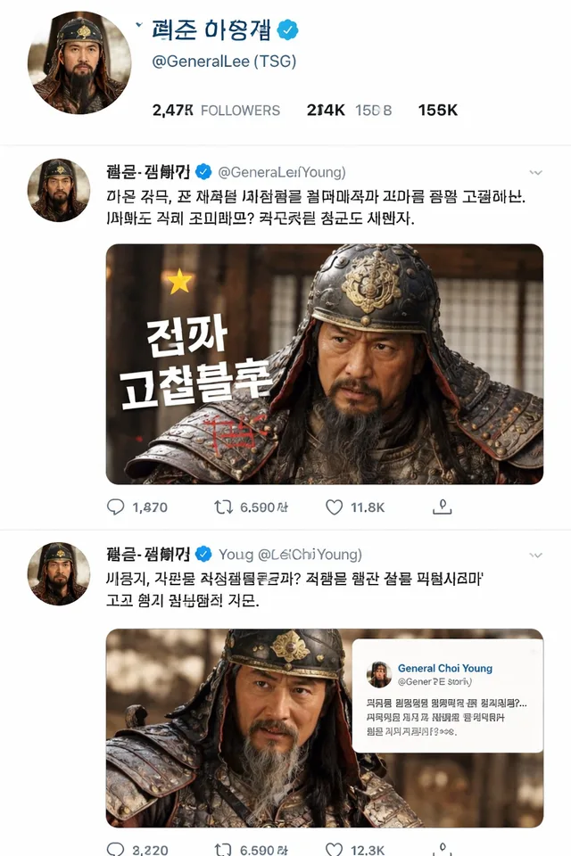태조 이성계의 X  페이지(위화도 회군을 벌이기 직전- 최영 장군과 서로 디스하는 내용이 담긴 게시글들)을 만들어 주세요.
