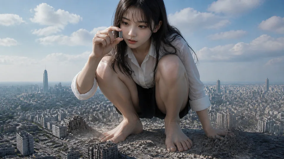 以图片中的女孩画一张图片，写实风格，三千多米高的巨大女孩光着脚丫蹲着城市里面，女孩是如此的巨大以至于整个城市看起来非常渺小，城市中不少大楼被女孩轻松碾碎，大楼还没有女孩的脚底高，女孩的脚底有不少大楼被轻松碾碎，女孩一只手的手指拿着一栋大楼，放在自己的眼睛前观察，大楼还没有女孩手指