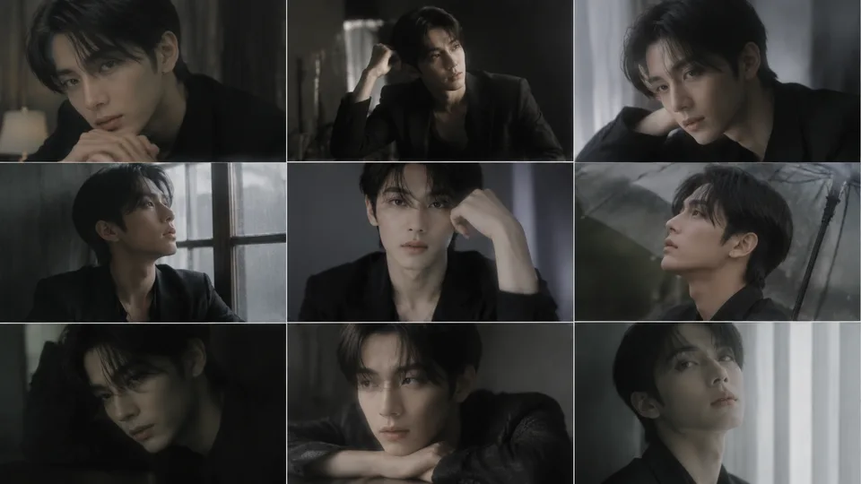 9:16 vertical, Korean idol portrait photoshoot, 3x3 grid (nine frames), same person in all images, consistent facial features and styling, s