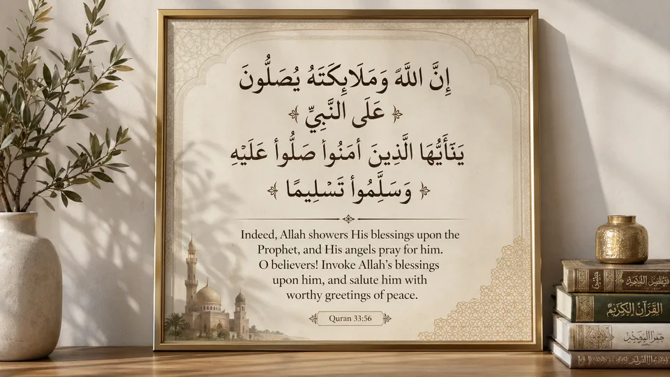 Design in Arabic and English for the following verse: Indeed, Allah showers His blessings upon the Prophet, and His angels pray for him. O  