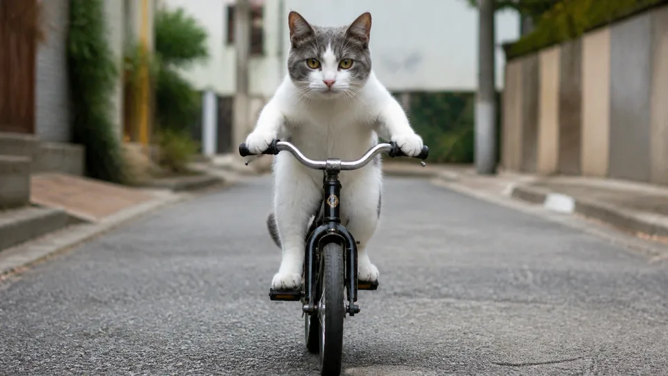 um gato branco e cinza andando de bicicleta
