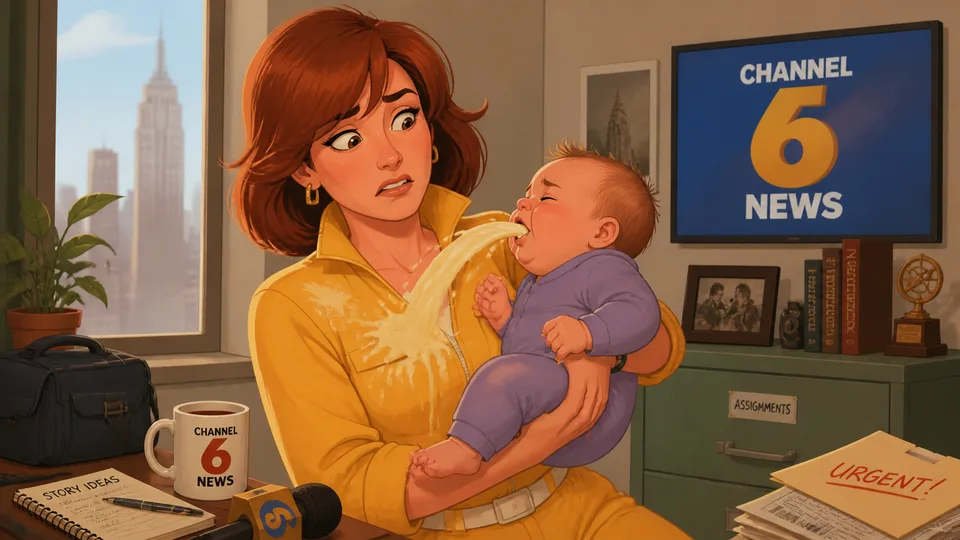 April O’Neil holding a baby and got puked on